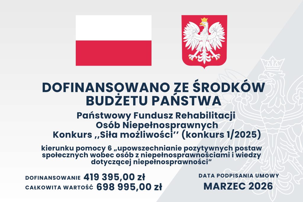 Tablica informacyjna: dofinansowano ze środków budżetu państwa – PFRON, konkurs „Siła możliwości” 1/2025, dofinansowanie 419 395,00 zł, całkowita wartość 698 995,00 zł, marzec 2026.